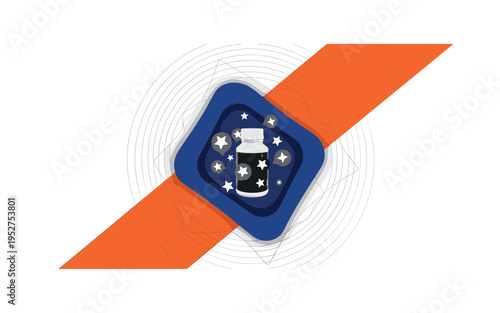Black and white image of a product surrounded by floating star icons, bold orange diagonal block slicing across the background for visual energy,