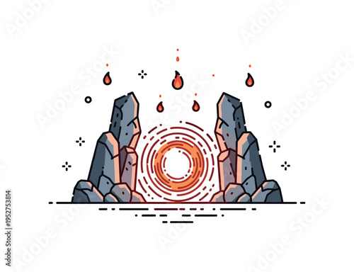 Infernal realm gateway theme illustrated by a glowing vortex framed by jagged rock shapes and small ember accents drifting upward. The composition reflects