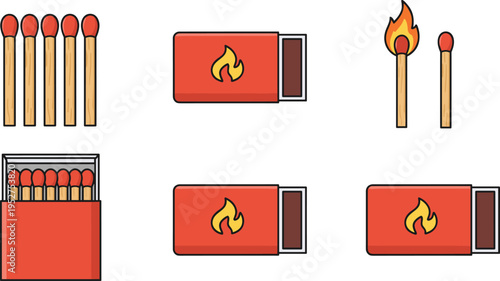 Matchstick safety concept illustration showing matchbox fire ignition sticks flame emergency survival camping heat lighting equipment household tool utility symbol
