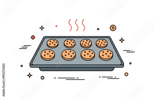 Fresh from the oven cookie tray with evenly spaced round cookies and subtle heat wave lines above. A warm concept badge about baking day and comforting aromas.