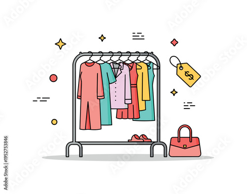 Second hand shopping scene with a clothing rack displaying curated vintage garments and a small price tag icon symbolizing affordability and
