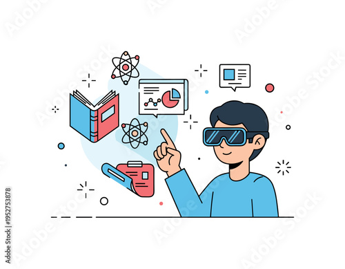 Augmented reality learning experience shown as a person wearing sleek AR glasses while interacting with floating holographic icons of books, atoms and charts,