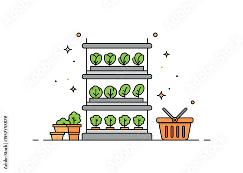 Vertical farming retail scene featuring stacked growing racks with bright greens and a small shopping basket icon expressing farm to table accessibility in