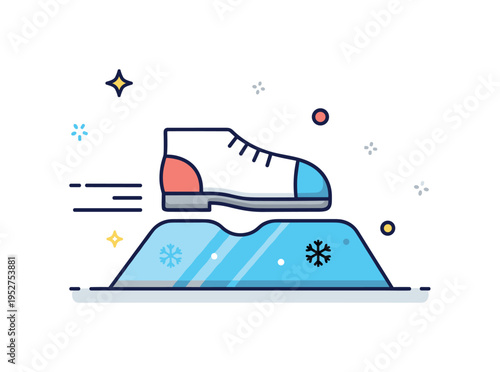 Icy sidewalk hazard illustrated by a simplified shoe sliding on a glossy blue patch with small snowflake accents, conveying winter risk and loss of traction. A