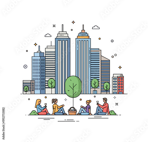 High rise city picnic harmony concept with a group seated comfortably near a minimal tree and basket, tall buildings arranged symmetrically behind them. The