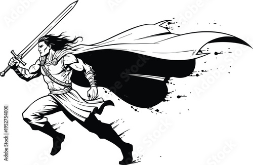 Fantasy warrior with sword running, heroic knight illustration, dynamic action character, medieval fighter concept, epic adventure scene, black ink vector style