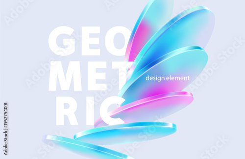 Transparent and glass geometric shape. Abstract composition of 3D circles and disks in liquid glass style. Vector design elements.