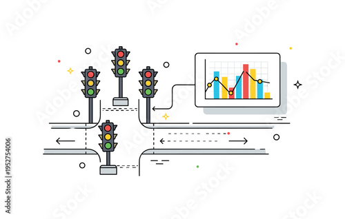 Smart traffic management represented by a simplified intersection with synchronized traffic lights connected to a floating data chart, conveying real time