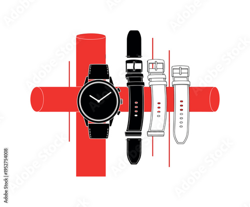 Black and white wristwatch with interchangeable straps layered beside it, intersected by red cylindrical shapes and thin vertical lines referencing modularity,