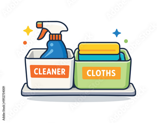 Minimalist pantry cleaning supply corner labeled container grouping multipurpose cleaner and cloths into a compact dedicated zone expressing structured living