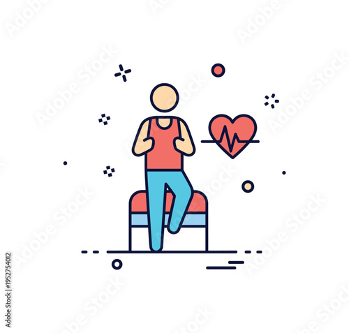 Home fitness jogging in place illustrated by a figure facing forward with small heartbeat line accent beside, expressing stamina building and daily activity.