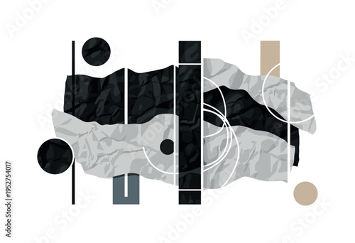 Black and white crumpled linen sheets forming soft organic waves, contrasted with sharp geometric circles and vertical lines to create balance, overlapping