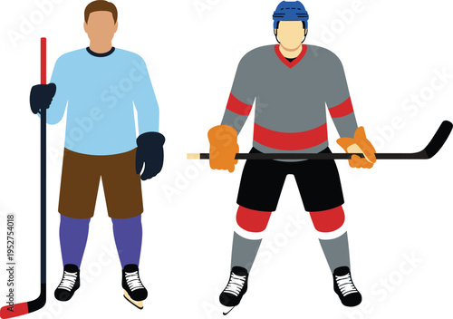 Flat Vector Illustration of Ice Hockey Players Wearing Full Protective Gear Helmets and Gloves Holding Hockey Sticks Isolated on a White Background for Design