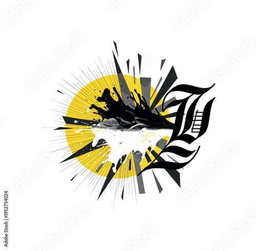 black and white dramatic ink splash transforming into calligraphic letterform, large yellow circle behind and charcoal angular shards radiating outward, thin
