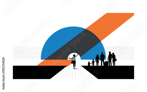 Black and white airport arrival gate with a figure running toward waiting family silhouettes, large blue semicircle framing upper composition, orange diagonal