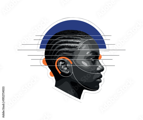 A monochrome realistic head silhouette with multiple thin horizontal guide lines marking length levels, deep blue semicircle framing the upper area, small