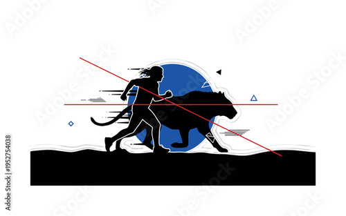 Black and white dramatic scene of a person running while a wild animal silhouette appears behind, bold electric blue circle centered between them creating