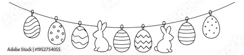 Hand drawn line art easter garland set featuring decorated eggs and cute bunnies for spring holiday celebration