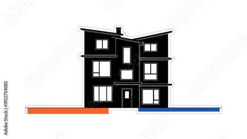 Black and white front elevation of a house with uneven window placement and slanted roof, concentric circles subtly radiating from the center, vivid orange and