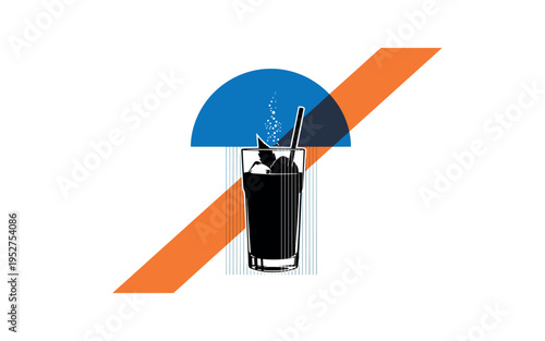 Black and white tall highball glass with straw and garnish silhouette, large blue semicircle framing upper half like cool evening sky, orange diagonal stripe