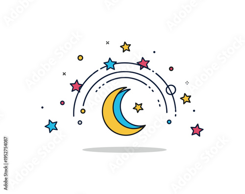 Cosmic night sky concept depicted by layered crescent moon and scattered star icons forming a gentle arc, expressing serenity and vastness of space. Clean