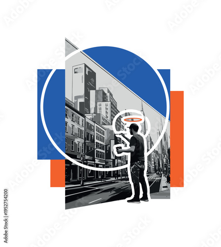 Black and white street artist painting a large city mural on a tall wall, oversized circular halo behind symbolizing community energy, bold cobalt blue and