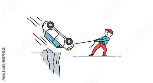 Man Pulling Falling Car with Rope from Cliff Edge Illustration