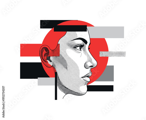 monochrome profile of determined face looking forward, bright red circular backdrop highlighting expression, abstract rectangular shapes and subtle halftone