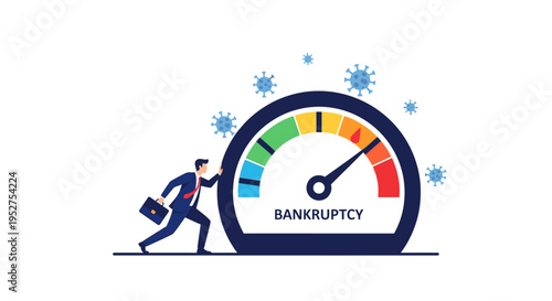 Businessman Pushing Bankruptcy Gauge Meter with Virus Icons