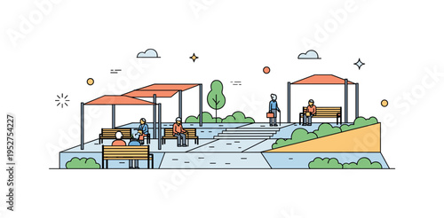 Outdoor plaza with benches, shaded walkways, and gentle slopes, elderly people enjoying urban space, subtle abstract decorative stars emphasizing comfort and