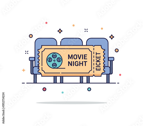Cinema ticket entry symbol centered on a classic stub with a small film reel icon and ?Movie Night? caption. Subtle seat silhouettes and gentle shadow add