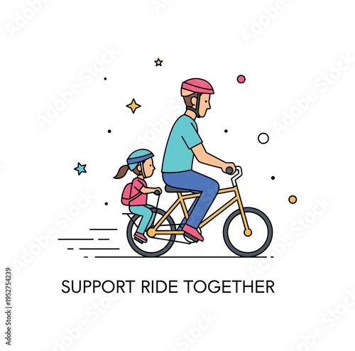 Bike ride together parent riding alongside a child on a small bicycle with subtle motion lines beneath, conveying encouragement and shared activity. A dynamic