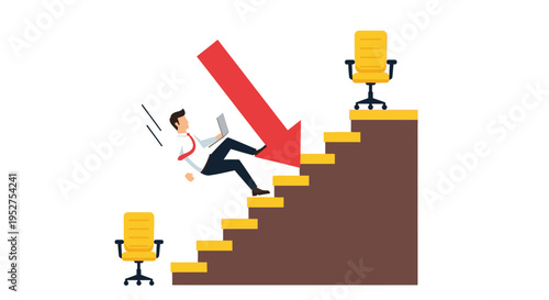 Businessman falling down stairs with red downward arrow