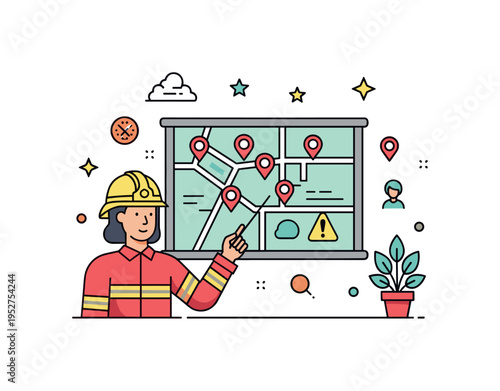 Community disaster preparedness workshop concept featuring a responder pointing at a minimal map board with tiny location pins and alert symbols. The