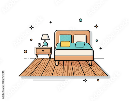 Natural wood home design compact bedroom scene with visible oak plank flooring, a minimal bed and small bedside lamp, highlighting texture and
