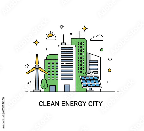 Green cities renewable energy integration scene featuring simplified city buildings paired with a small wind turbine and solar panel icons, symbolizing clean