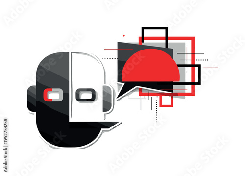 Close-up monochrome speech bubble emerging from a simplified robotic head, layered with a large red semicircle and intersecting rectangular geometric blocks,