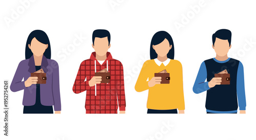 People holding wallets with paper money on white background