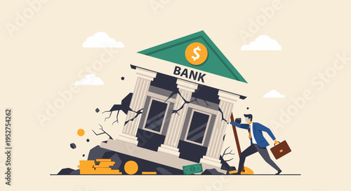 Businessman Supporting Collapsing Bank Building Illustration
