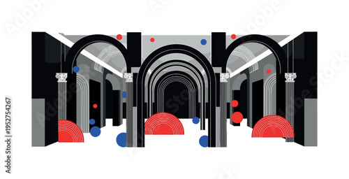 A monochrome wide ballroom scene simplified into geometric arches and columns, bold semicircles and circular nodes representing shimmering light reflections,