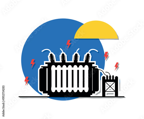 Black and white transformer station simplified into bold shapes, vivid blue circle backdrop, contrasting yellow semicircle accent at top corner, small flat