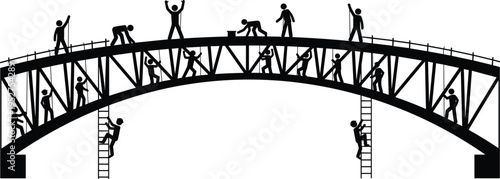 Construction workers silhouettes on bridge, teamwork building concept, industrial labor scene, engineering structure development