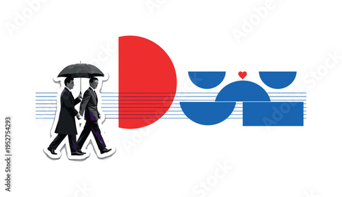 A black-and-white retro image of two figures walking side by side holding a shared umbrella, bold red circle partially cropped at the edge like a rising sun of