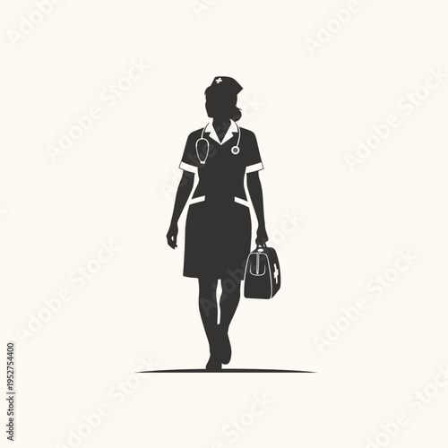 Female Nurse Silhouette Walking with Medical Bag and Stethoscope, Healthcare Professional Icon