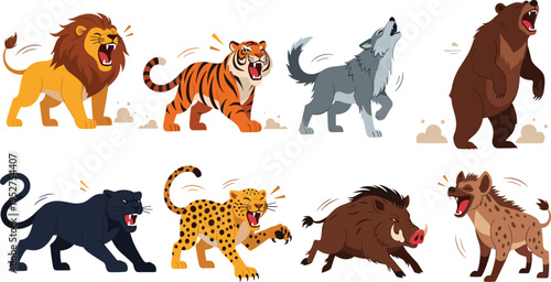 Set of Aggressive Wild Animals Including Lion Tiger Wolf Bear Leopard Boar Hyena and Panther in Roaring Action Cartoon Vector Illustration.