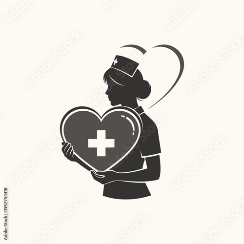Nurse Silhouette Holding Heart with Medical Cross Symbol - Healthcare and Compassion Icon
