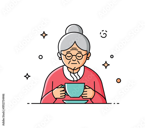 Grandmother with a cup of tea enjoying a peaceful afternoon moment symbolizing calmness, reflection, and simple daily joy. Soft steam curls and minimal