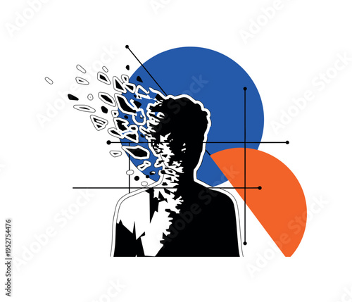 Black and white fragmented human silhouette dissolving into abstract geometric shapes, oversized cobalt blue circle dominating the upper composition, bold