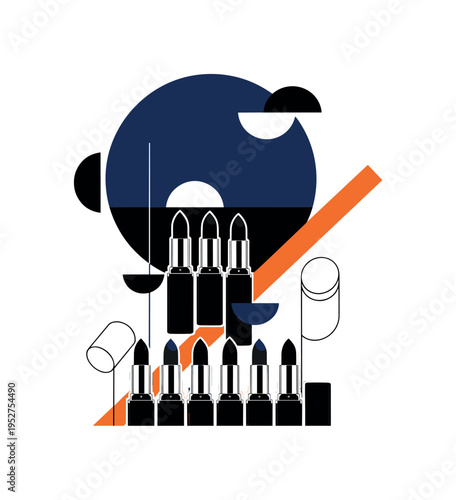Black and white lineup of lipstick tubes arranged vertically, oversized navy circle framing upper half like summer sky, thin orange diagonal stripe adding