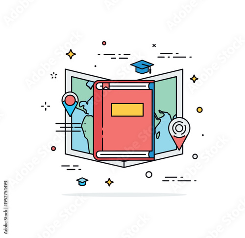 Education and institutional change concept centered on a book icon overlaid on a subtle map silhouette, expressing curriculum shifts, knowledge systems, and